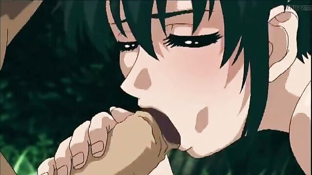 Anime maid with green hair fellating cock, blush face closeup