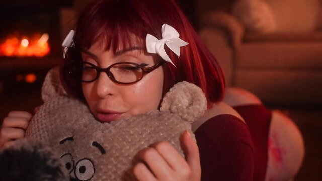 Moona ASMR redhead in lingerie hugs teddy bear, teases softly