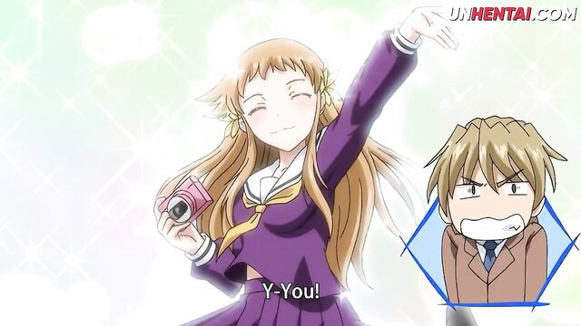 Blonde anime schoolgirl poses with camera for shocked teacher in hentai