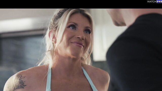 Taylor Wilde in sexy turquoise bikini top closeup smile