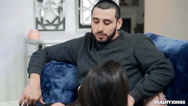 Latina mom kneels for stepson creampie on blue couch