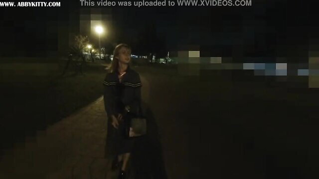Hotty sissy with nose hook walks in dark public park at night