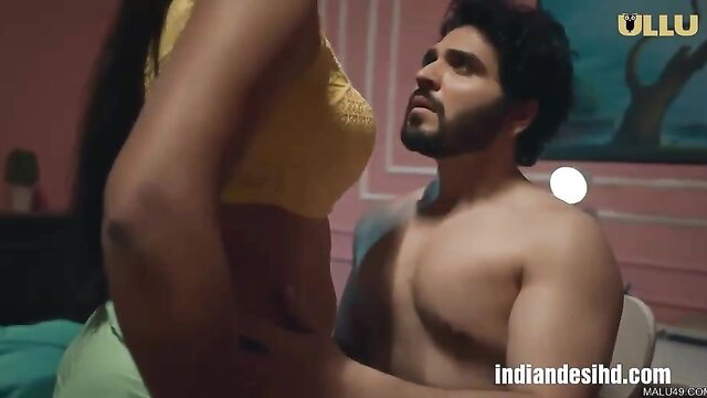 Indian couple foreplay, busty long-haired wife straddles topless hunk