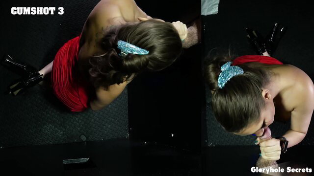 Brunette in red dress kneels at gloryhole, throat filled with cum POV