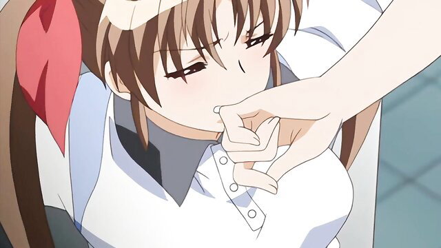 Anime teen girl sucking finger of hand in uniform, horny hentai tease