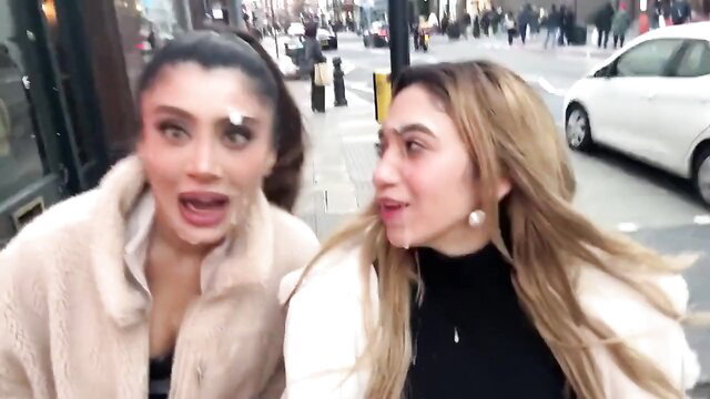 Two busty Middle Eastern babes in cum faces public walk