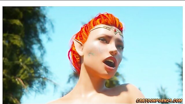 Redhead elf girl with open mouth in outdoor scene