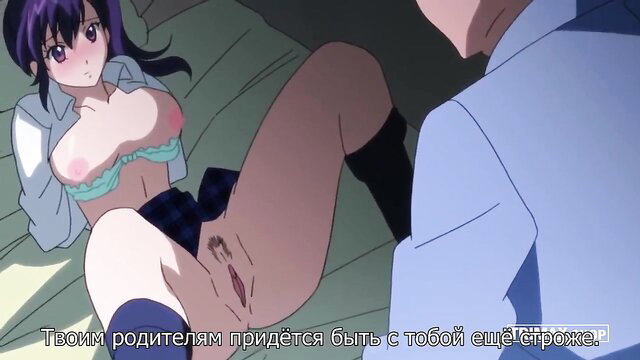 Purple-haired anime girl with big tits legs spread explicit pussy closeup