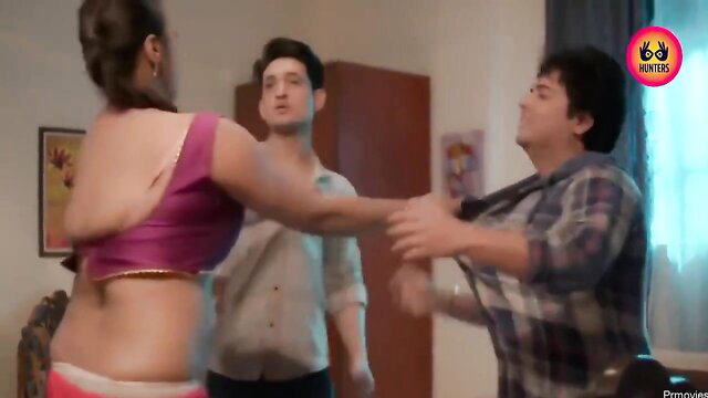 Indian busty MILF in saree blouse grabbed in steamy threesome scene