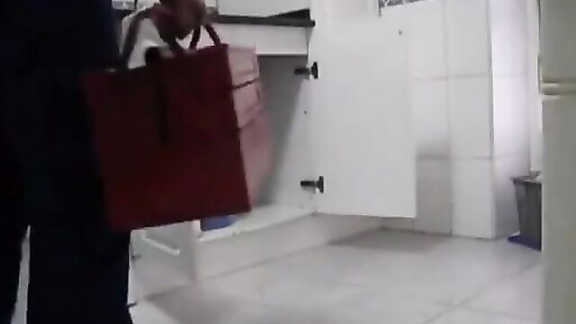 Spanish plumber with red toolbox in bathroom, amateur hookup tease