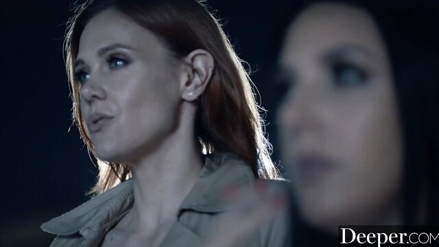 Angela White with brunette & black hair women in warehouse reverse gangbang