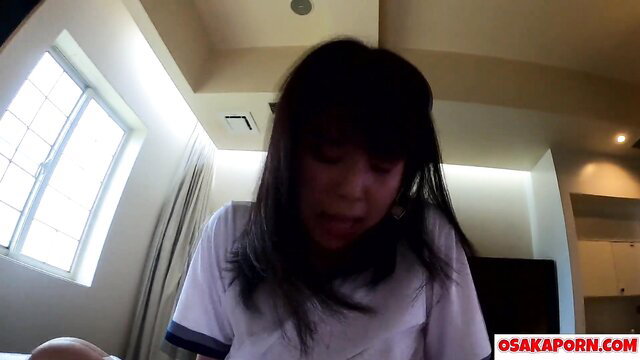 Cute Japanese amateur Mao in tight gym uniform, big eyes, closeup face