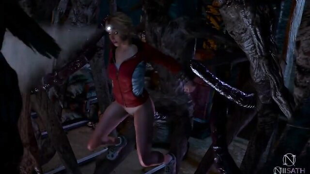 Blonde woman in red jacket fights aliens in sci-fi horror scene
