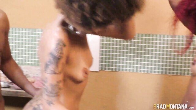 Elisa Sanches big ass tattooed ebony in group sex kitchen scene