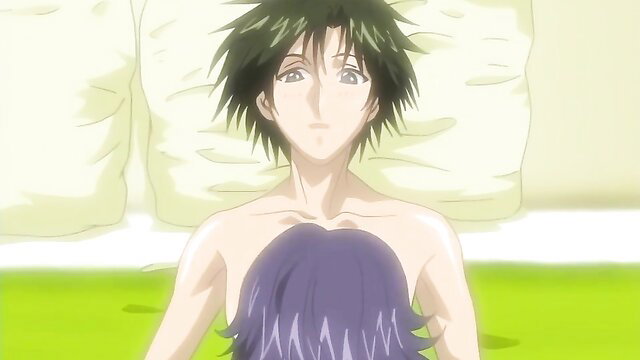 Shirtless green-haired anime guy with topless purple-haired hentai girl in Inbo 02