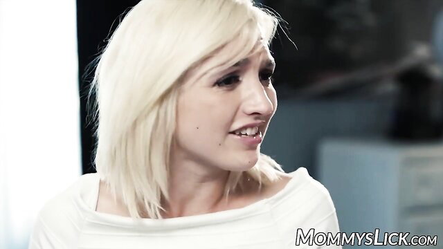 Blonde MILF closeup smile in lesbian threesome preview