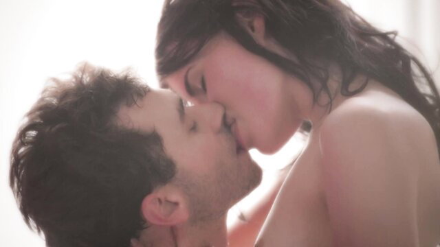 Heather Night sensual nude kiss with lover, passionate brunette embrace