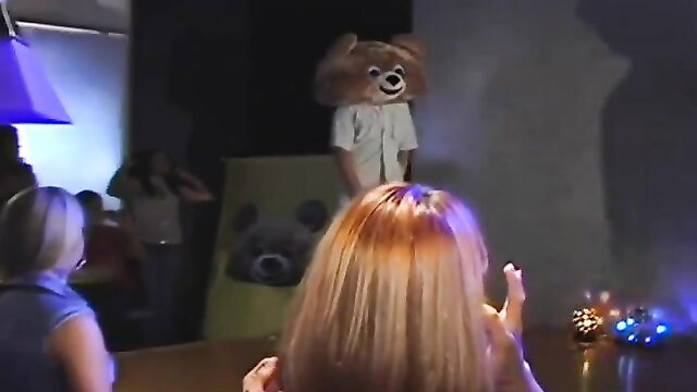 Hot redhead wife watches bear mascot stripper at party