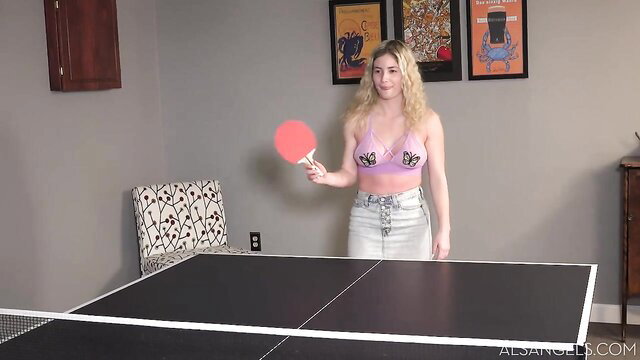 Ariana Blaire blonde in pink lingerie posing with ping pong paddle photoshoot