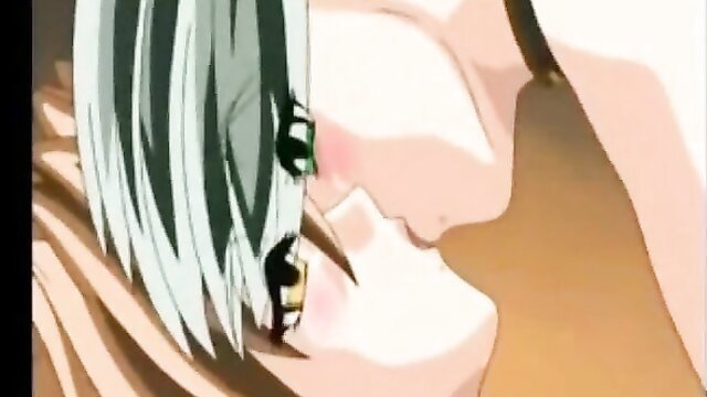 Anime hentai girl with silver hair kissed by hand in closeup