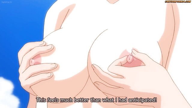 Anime hentai girl groping huge bare tits, nipples pinched closeup