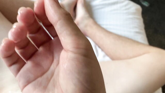 Bebe Moon's pale hand on thigh in hotel room tease