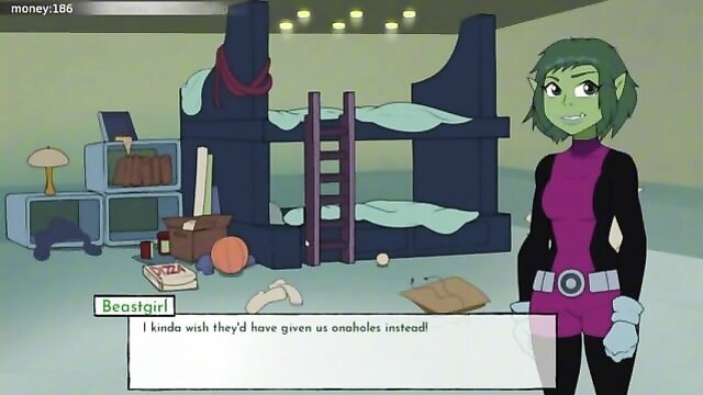 Teen Titans Starfire green skin hentai sex doll bedroom scene