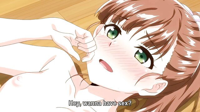 Cute anime girl with green eyes and ponytail invites for sex, nude tits exposed