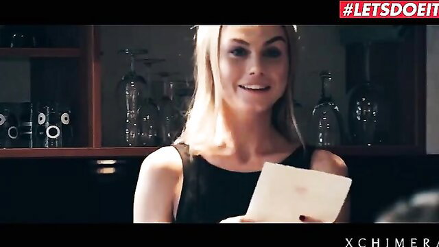 Blonde Nancy A in sexy black dress as waitress in hot fantasy