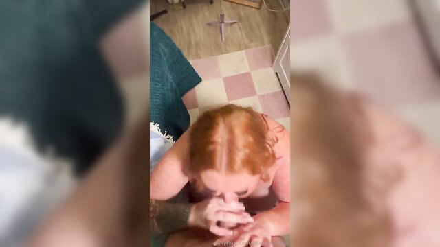 Horny redhead BBW on knees in sexy dress closeup