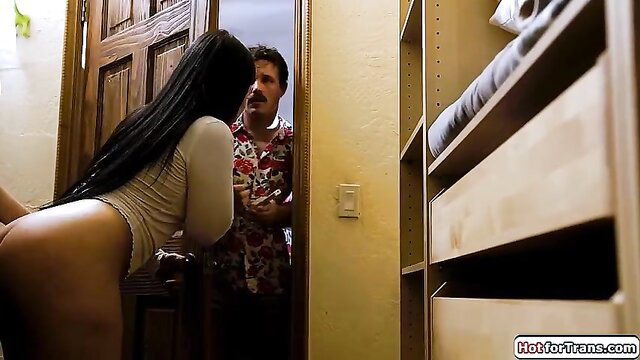 Latina in tight bodysuit caught cheating with hot tgirl in bedroom