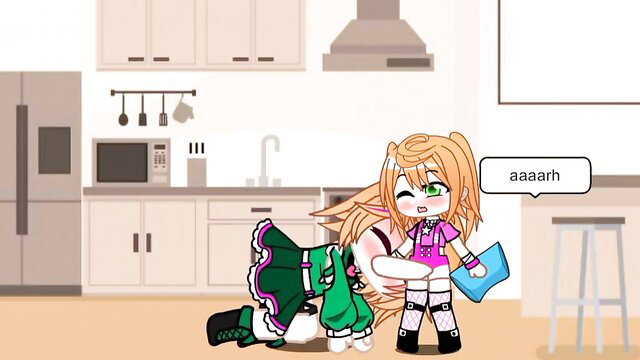 Blonde elf girl screaming as orange-haired girl gropes her in kitchen threesome