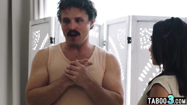 Kimmy Kimm petite Asian hottie with buff mustached man in tank top