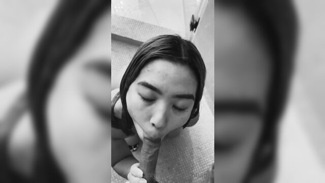 Asian college girl closeup blowjob with soapy lips in shower