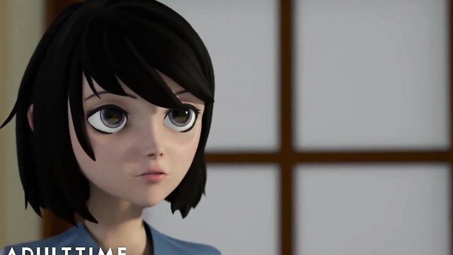 Cute anime university girl in blue sailor uniform gazes seductively