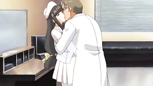 Cute anime nurse kissing horny doctor passionately