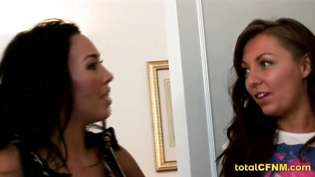 Two busty brunettes chatting clothed in CFNM fetish tease