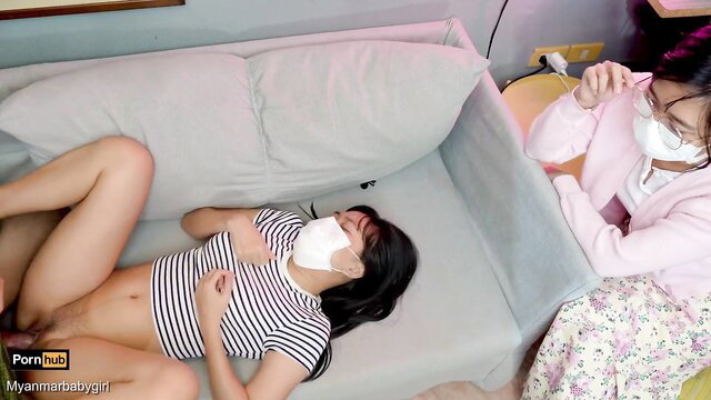 Myanmar baby girl wild HD threesome with masks and exposed pussy