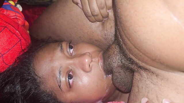 Asian woman facesits on man's cock, drinking jock closeup