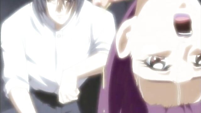 Hentai maid dog slave in bondage with cruel master, purple hair closeup