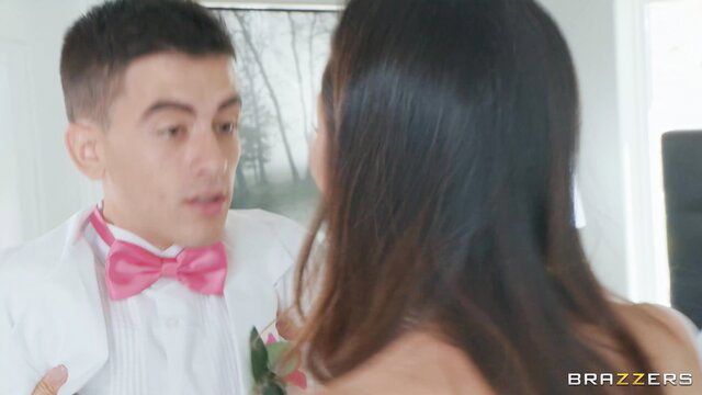 Brazzers bride in wedding dress flirts with groom in suit pre-wedding sex