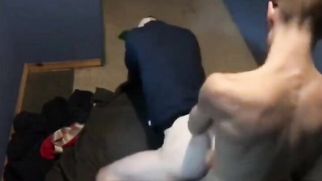 Hung nerd breeds jock bitch: suited top fucks skinny bottom on stairs