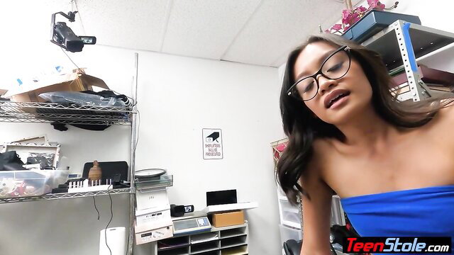 Jade Kimiko petite Asian teen in tight blue tube top closeup