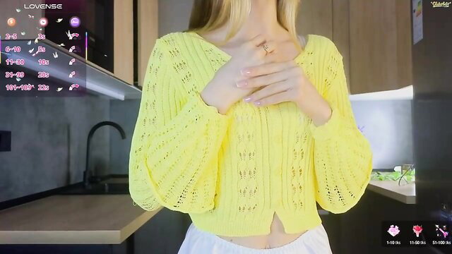 Blissmelody in sheer yellow knit top and white shorts, skinny cam girl tease