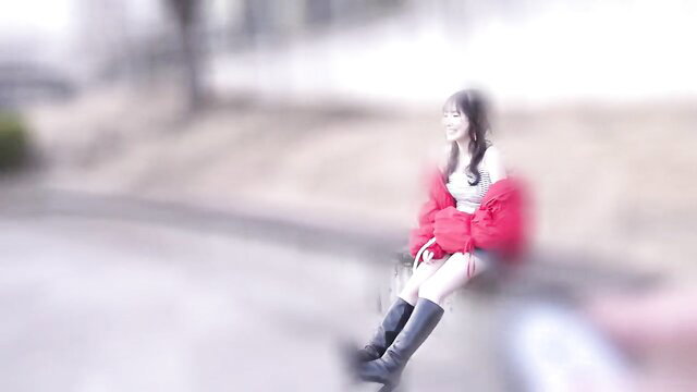 Japanese JAV girl in red coat, white top, black boots on bench date