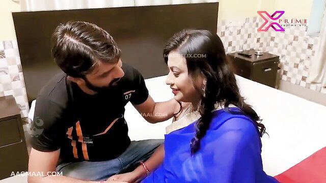 Desi aunty in blue saree kissed by young bf on bed, cuckold theme