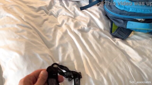 Stepmom holds black panties, backpack on bed, caught stepson peeking