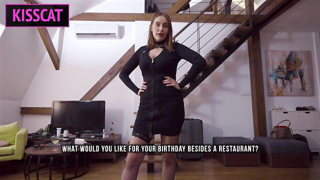 MySchoolLife hotwife in tight black dress poses for birthday surprise threesome