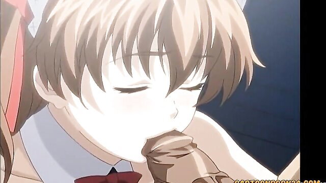 Hentai trap guy sucking gloved hand with girl, young anime threesome tease