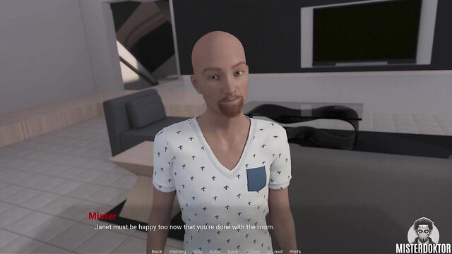 Bald Black man in white tee smiles in room, adult visual novel Ep. 226